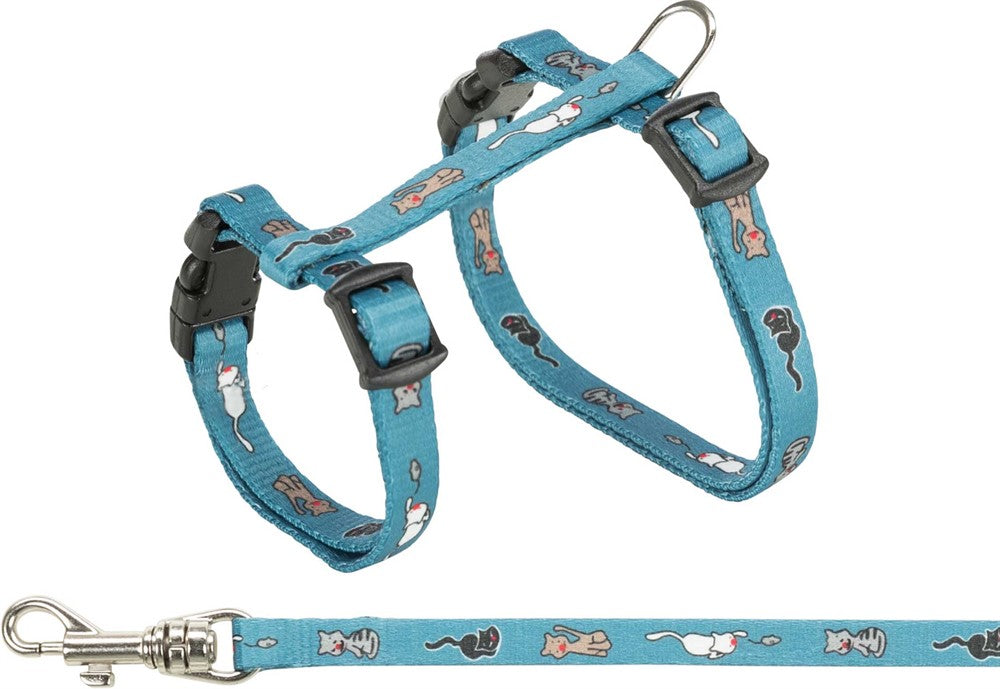 Trixie - Junior kattsele+koppel, 21-33 cm/8 mm. 120 cm. Kattmotiv, Bl. färger