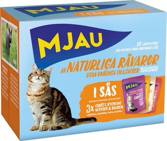 Mjau - multibox – 12 portionspåsar bitar i sås med köttsmak