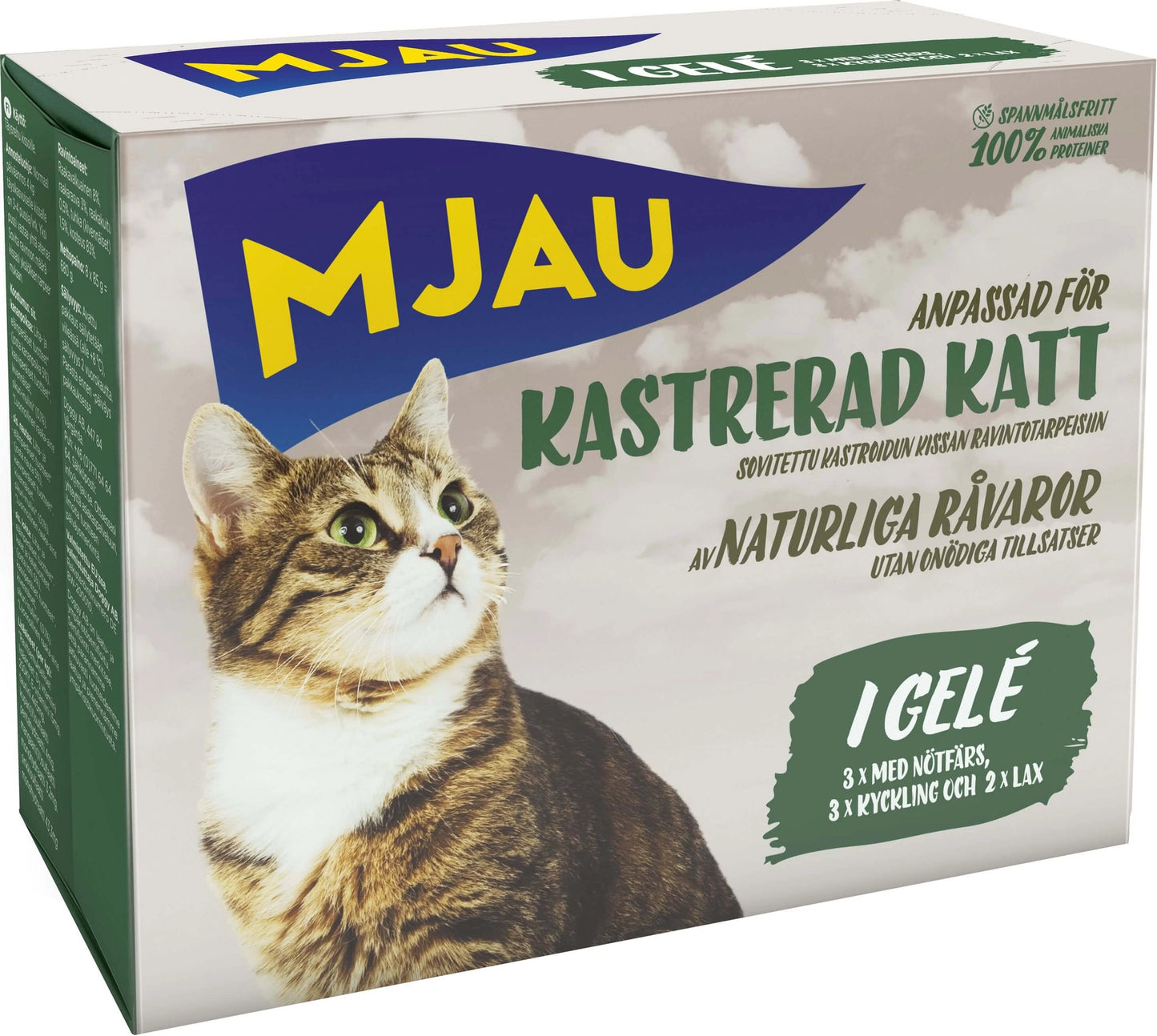 Mjau - multibox kastrerad katt – 8 portionspåsar bitar gelé med fisk- och köttsmak