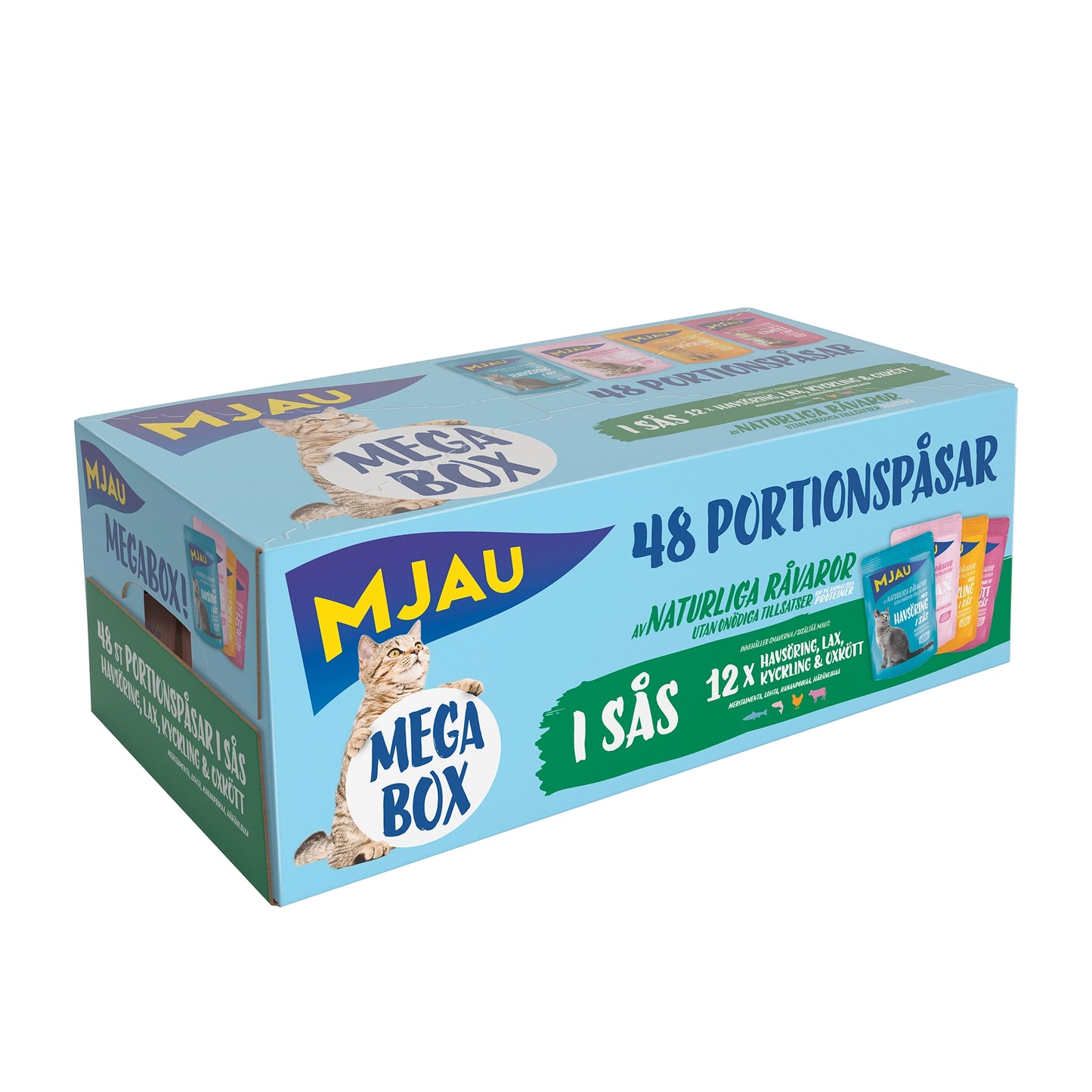 Mjau Megabox – 48 portionspåsar bitar i sås med fisk- och köttsmak