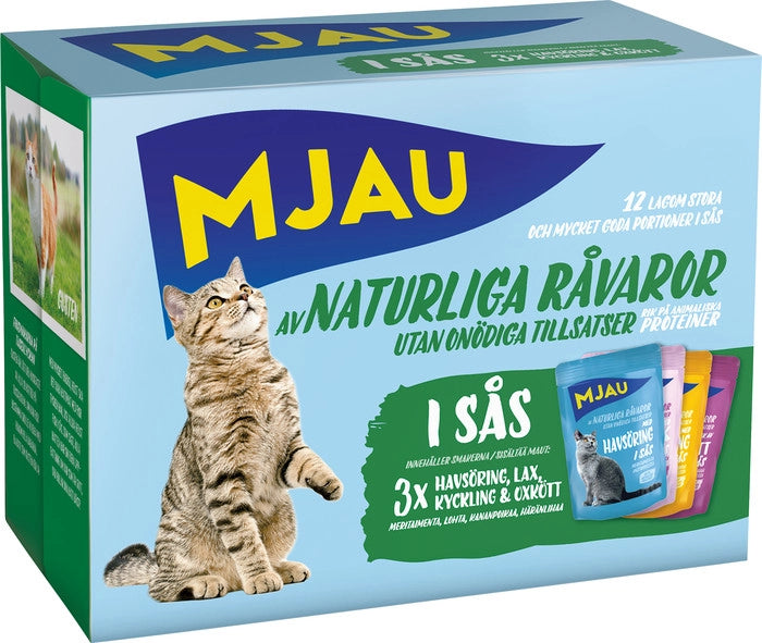 Mjau multibox – 12 portionspåsar bitar i sås med fisk- och köttsmak