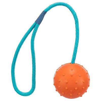 Trixie - Gummiboll 6 cm med rep 30 cm, petrol/orange