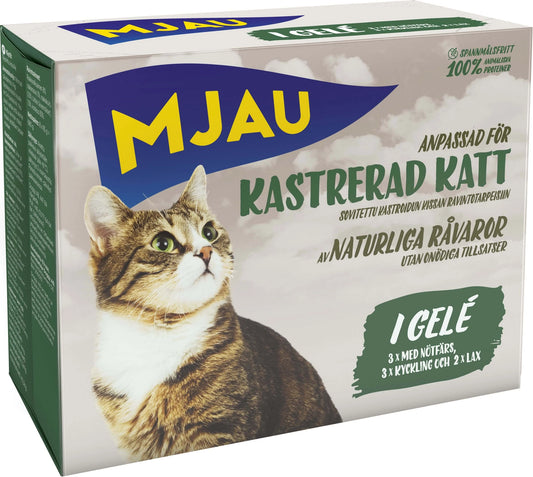 Mjau - multibox kastrerad katt – 8 portionspåsar bitar gelé med fisk- och köttsmak