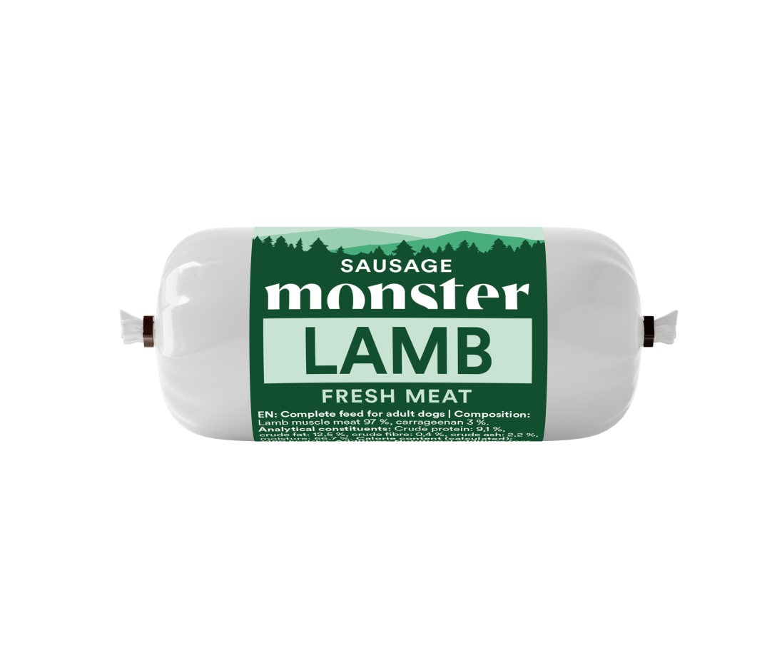 Monster Dog Sausage Lamb finns som 80g & 400g