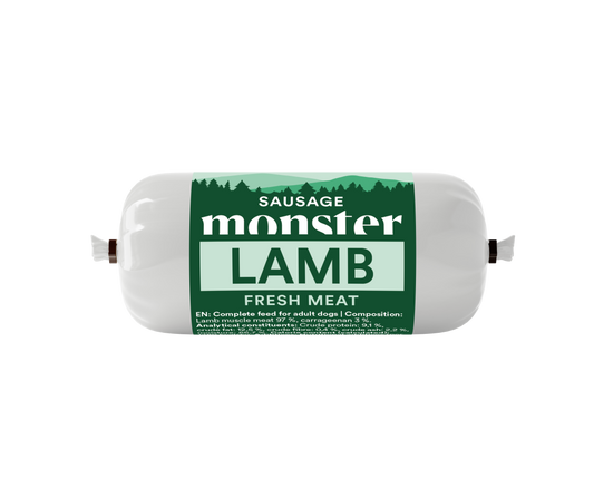 Monster Dog Sausage Lamb finns som 80g & 400g