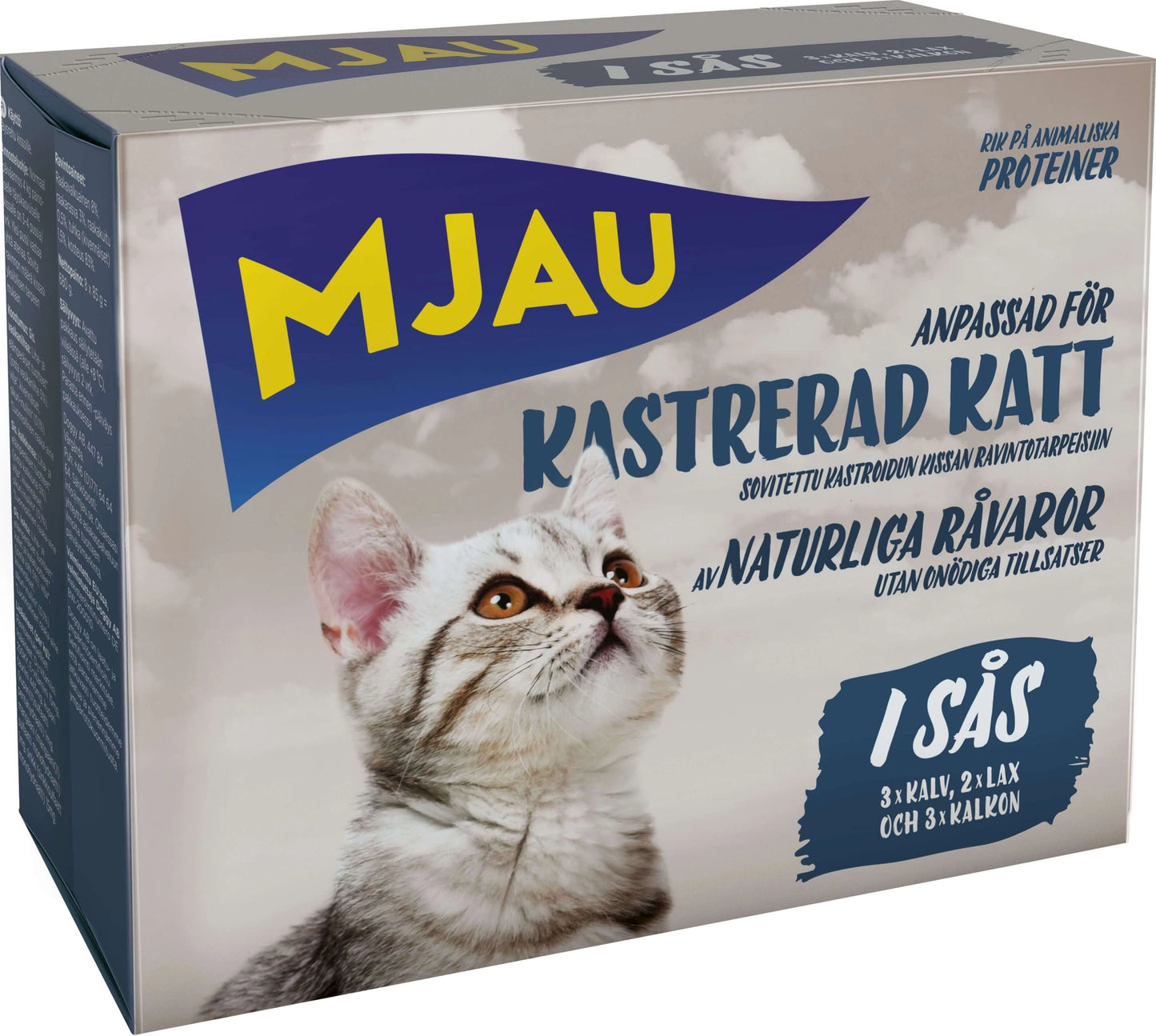 Mjau multibox kastrerad katt – 8 portionspåsar bitar i sås, fisk- och köttsmak