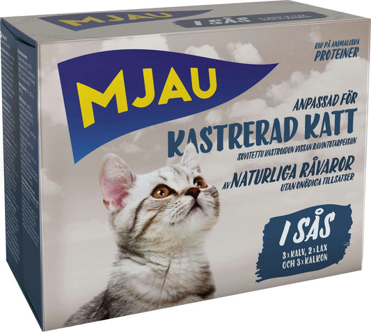Mjau multibox kastrerad katt – 8 portionspåsar bitar i sås, fisk- och köttsmak