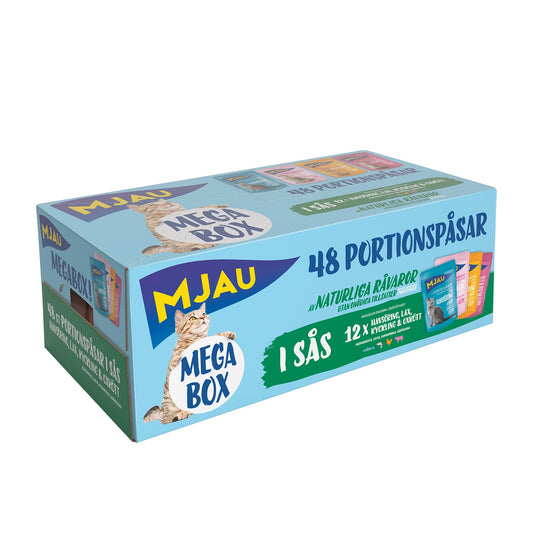 Mjau Megabox – 48 portionspåsar bitar i sås med fisk- och köttsmak
