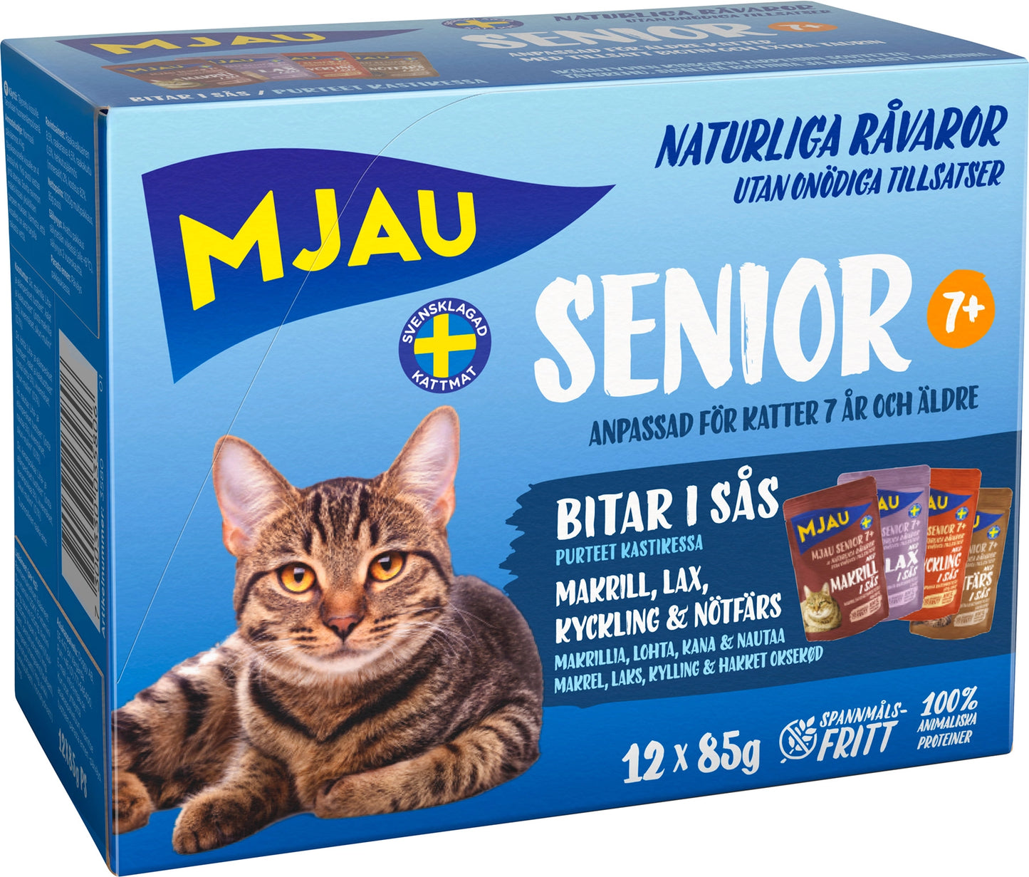 Mjau multibox Senior – 12 portionspåsar bitar i sås med fisk- och köttsmak