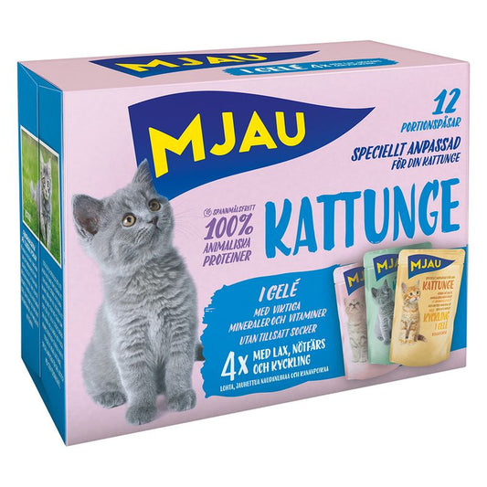 Mjau multibox kattunge – 12 portionspåsar bitar i gelé med fisk- och köttsmak