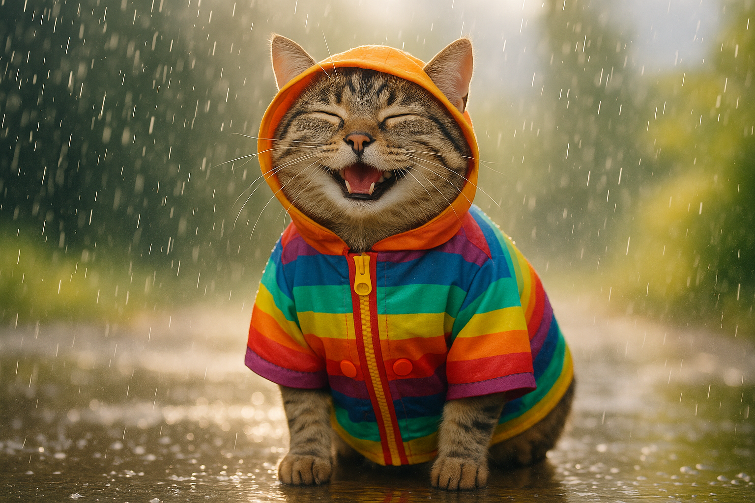 En relistisk glad riktig katt i regntäcke i en regnig men ljus miljö